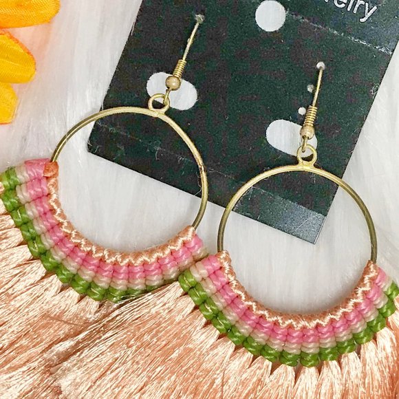 Boho Earrings Fan Tassel Hoop Drop Dangles Peach - Picture 2 of 3